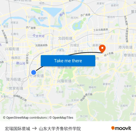 宏瑞国际星城 to 山东大学齐鲁软件学院 map