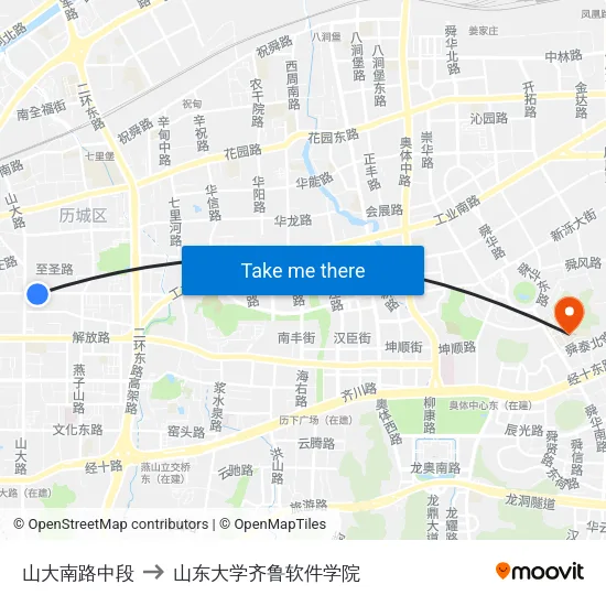 山大南路中段 to 山东大学齐鲁软件学院 map