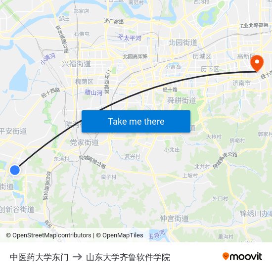 中医药大学东门 to 山东大学齐鲁软件学院 map