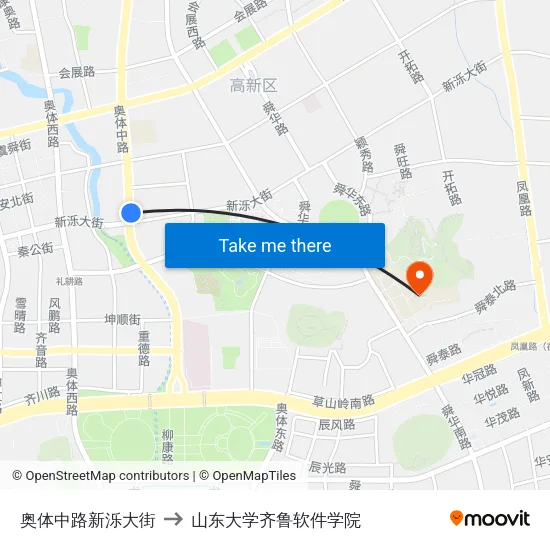 奥体中路新泺大街 to 山东大学齐鲁软件学院 map