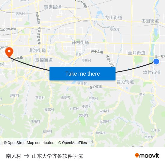 南风村 to 山东大学齐鲁软件学院 map