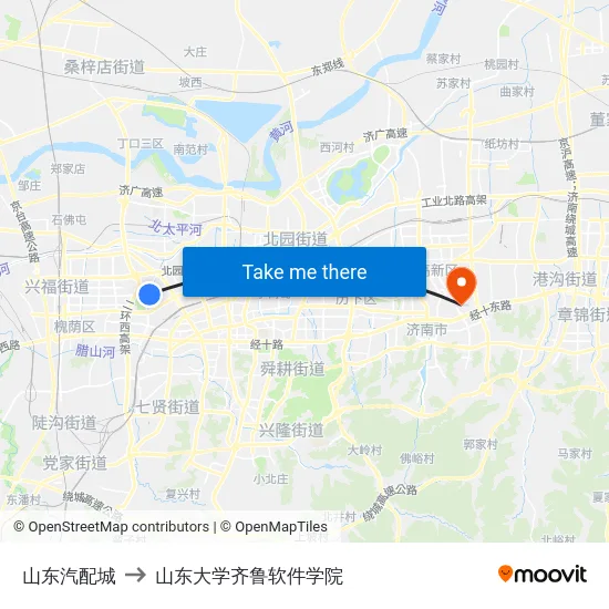 山东汽配城 to 山东大学齐鲁软件学院 map