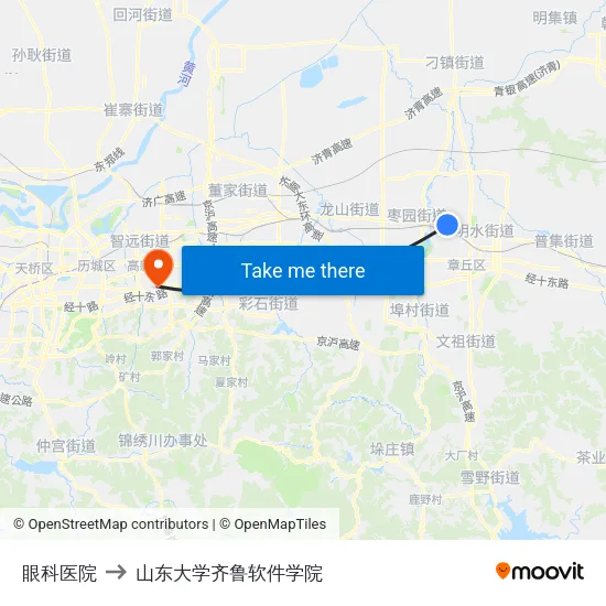 眼科医院 to 山东大学齐鲁软件学院 map