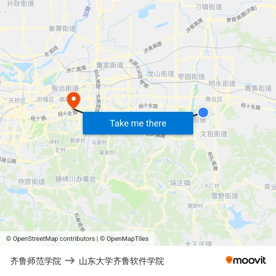 齐鲁师范学院 to 山东大学齐鲁软件学院 map