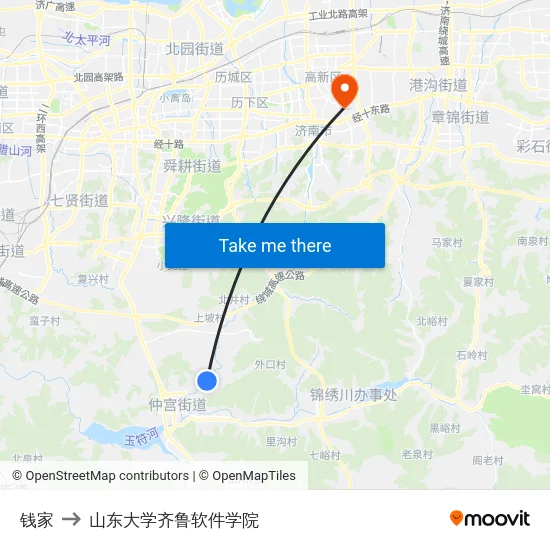 钱家 to 山东大学齐鲁软件学院 map