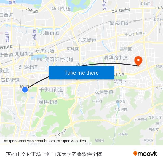 英雄山文化市场 to 山东大学齐鲁软件学院 map