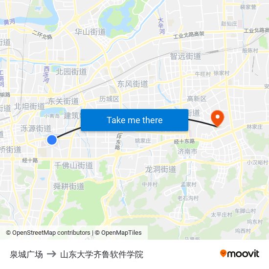 泉城广场 to 山东大学齐鲁软件学院 map