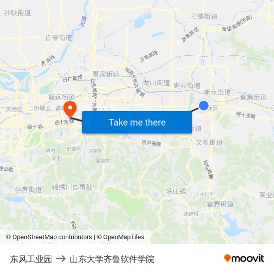 东风工业园 to 山东大学齐鲁软件学院 map