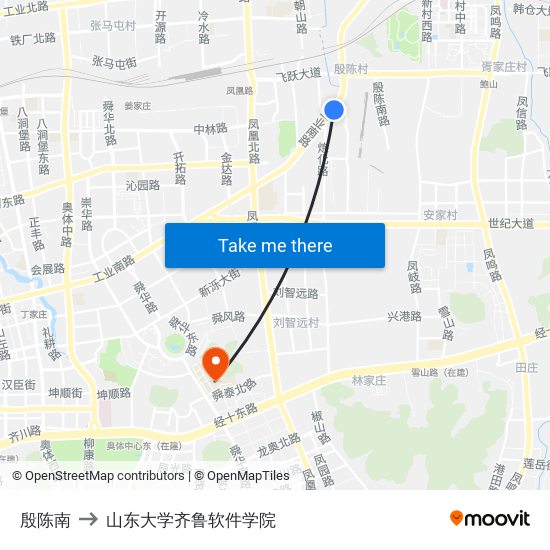 殷陈南 to 山东大学齐鲁软件学院 map