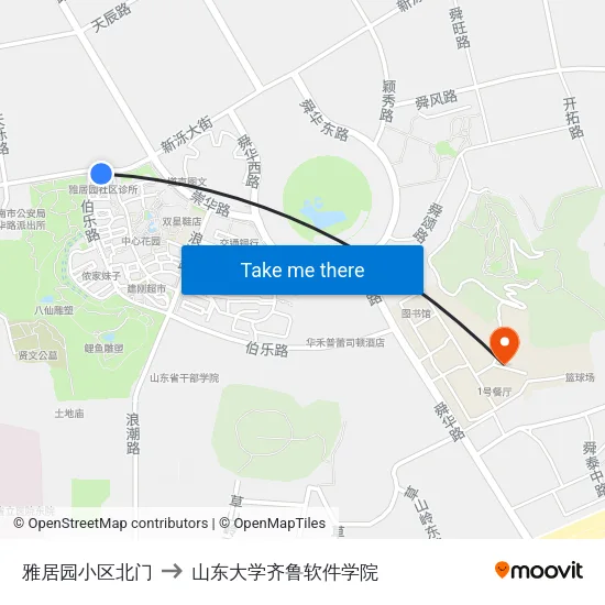 雅居园小区北门 to 山东大学齐鲁软件学院 map