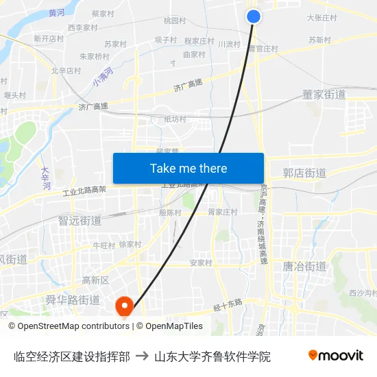 临空经济区建设指挥部 to 山东大学齐鲁软件学院 map