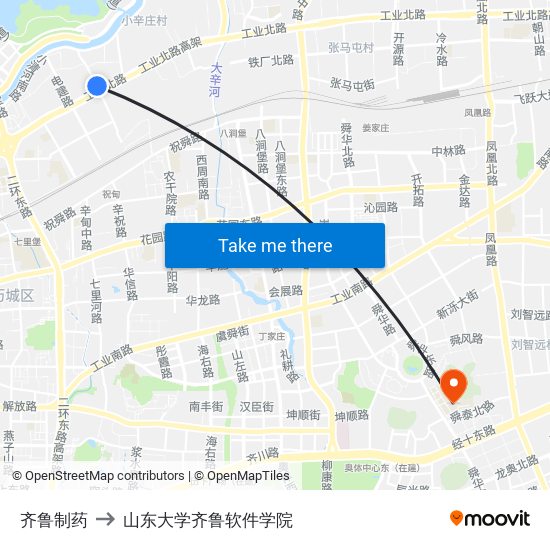 齐鲁制药 to 山东大学齐鲁软件学院 map