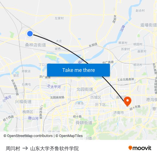 周闫村 to 山东大学齐鲁软件学院 map
