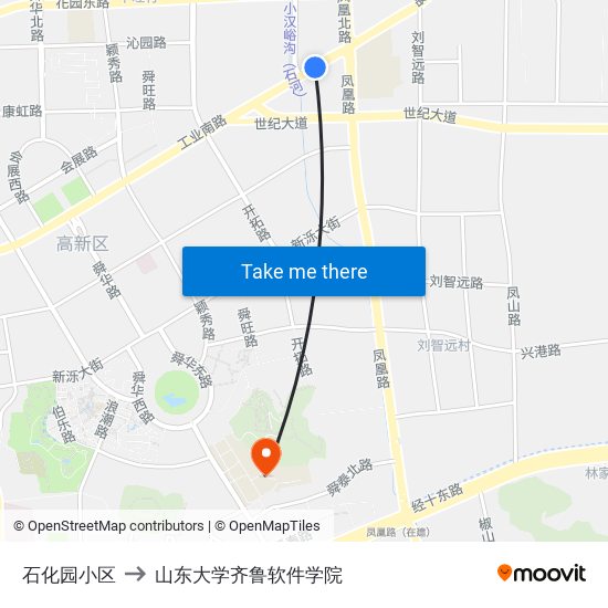 石化园小区 to 山东大学齐鲁软件学院 map