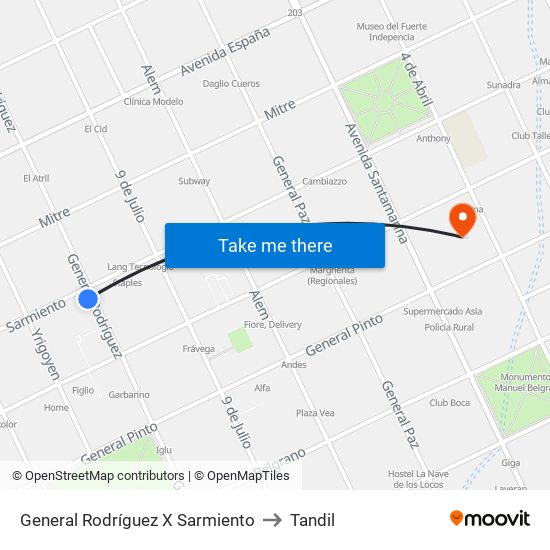 General Rodríguez X Sarmiento to Tandil map