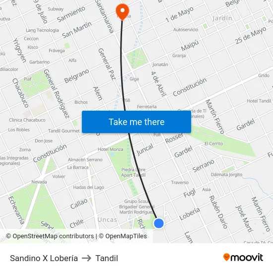 Sandino X Lobería to Tandil map