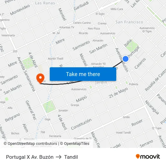 Portugal X Av. Buzón to Tandil map
