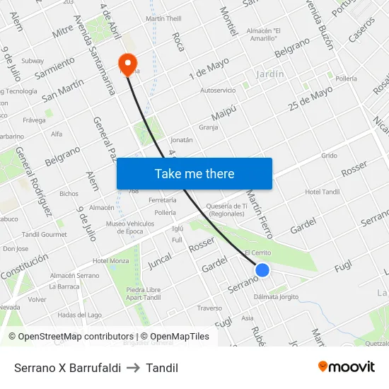 Serrano X Barrufaldi to Tandil map