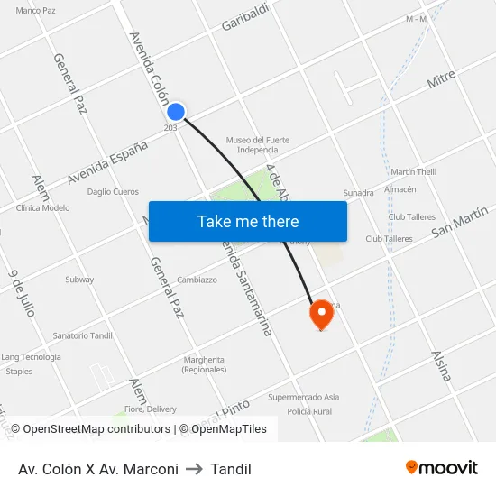 Av. Colón X Av. Marconi to Tandil map