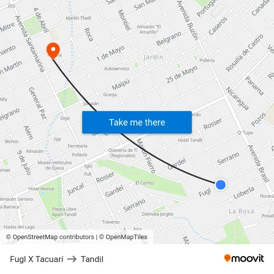 Fugl X Tacuarí to Tandil map