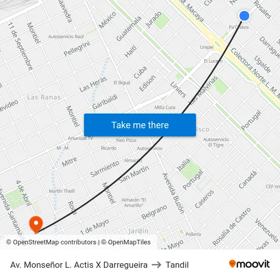 Av. Monseñor L. Actis X Darregueira to Tandil map