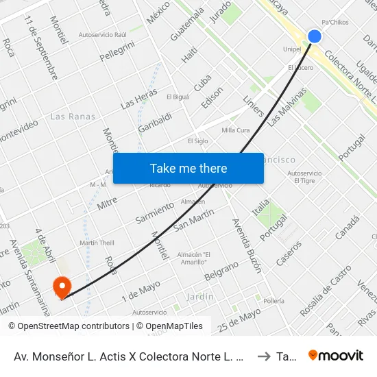 Av. Monseñor L. Actis X Colectora Norte L. M. Macaya to Tandil map