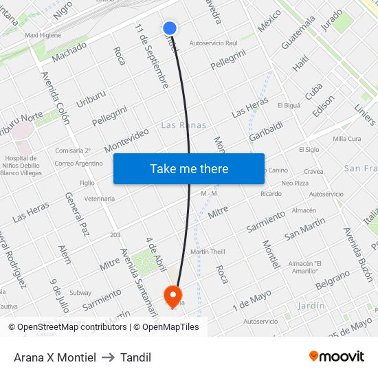 Arana X Montiel to Tandil map