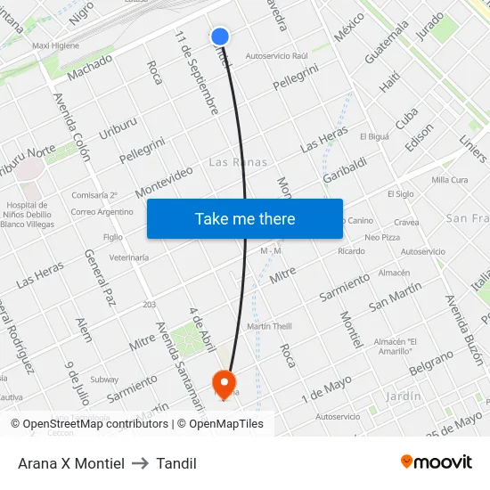 Arana X Montiel to Tandil map