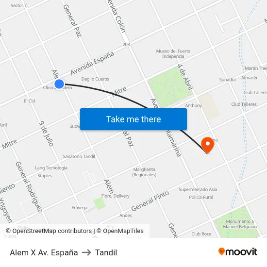 Alem X Av. España to Tandil map