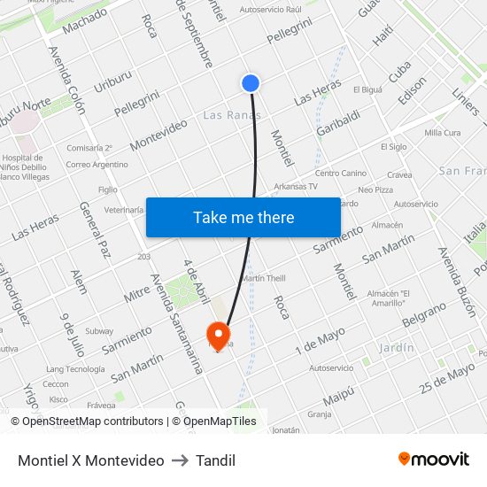 Montiel X Montevideo to Tandil map