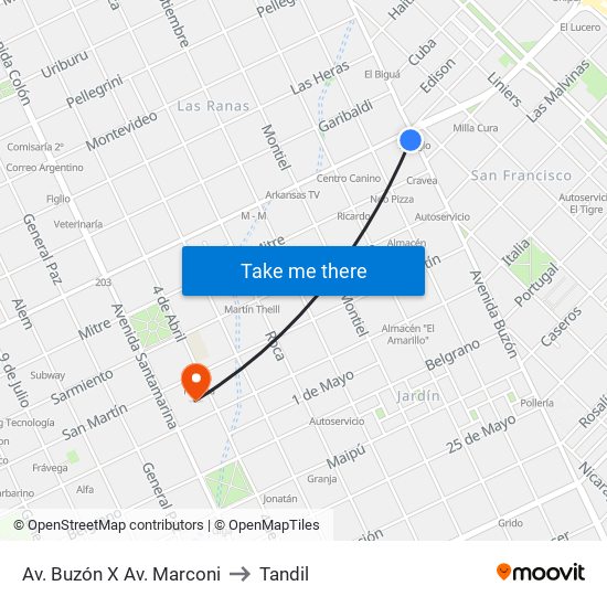 Av. Buzón X Av. Marconi to Tandil map