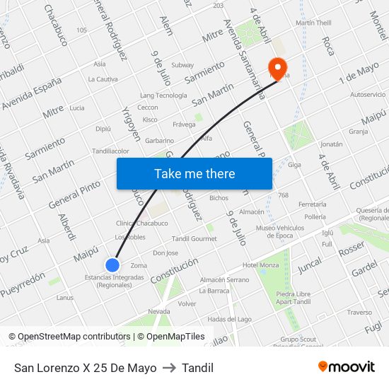 San Lorenzo X 25 De Mayo to Tandil map