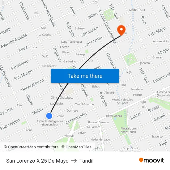 San Lorenzo X 25 De Mayo to Tandil map