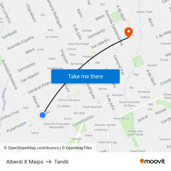 Alberdi X Maipú to Tandil map