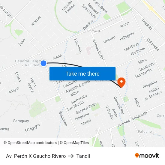 Av. Perón X Gaucho Rivero to Tandil map