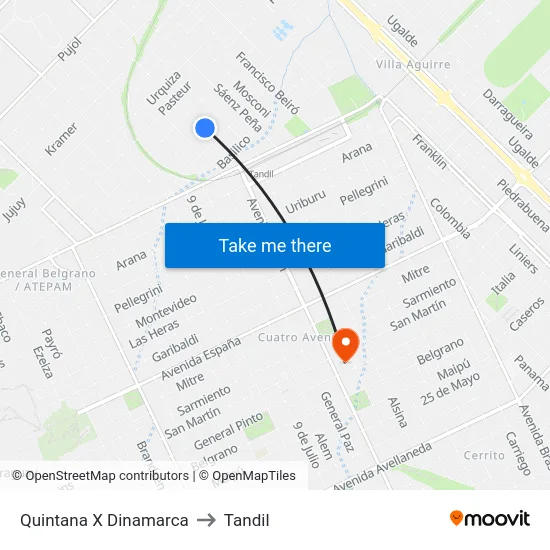 Quintana X Dinamarca to Tandil map