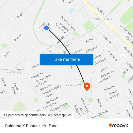 Quintana X Pasteur to Tandil map