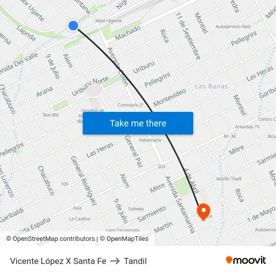 Vicente López X Santa Fe to Tandil map