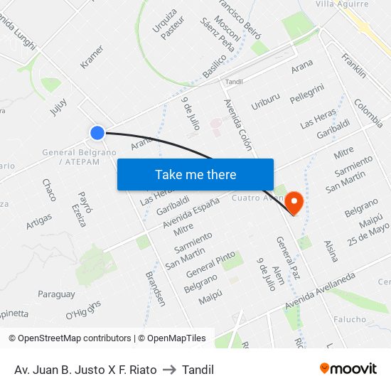Av. Juan B. Justo X F. Riato to Tandil map
