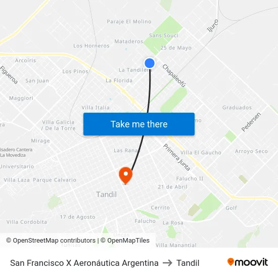 San Francisco X Aeronáutica Argentina to Tandil map