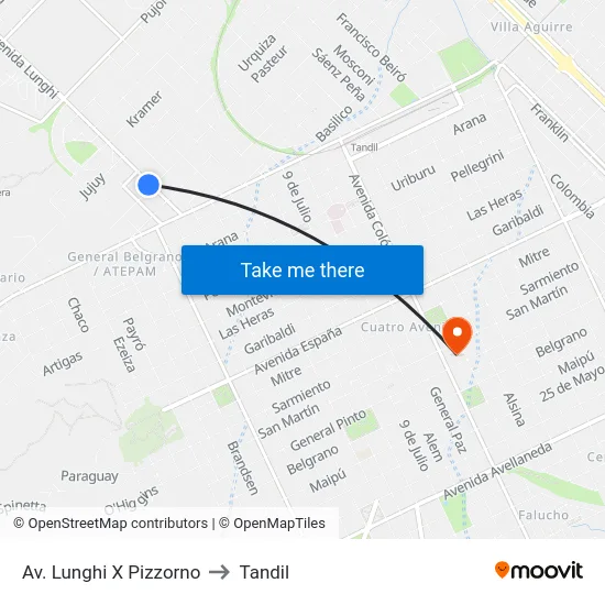 Av. Lunghi X Pizzorno to Tandil map