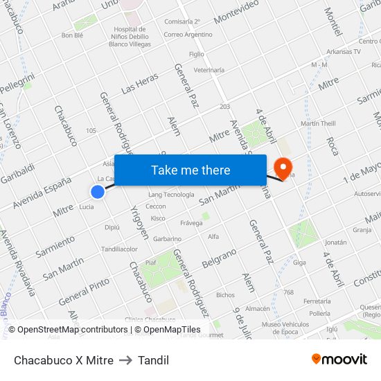 Chacabuco X Mitre to Tandil map