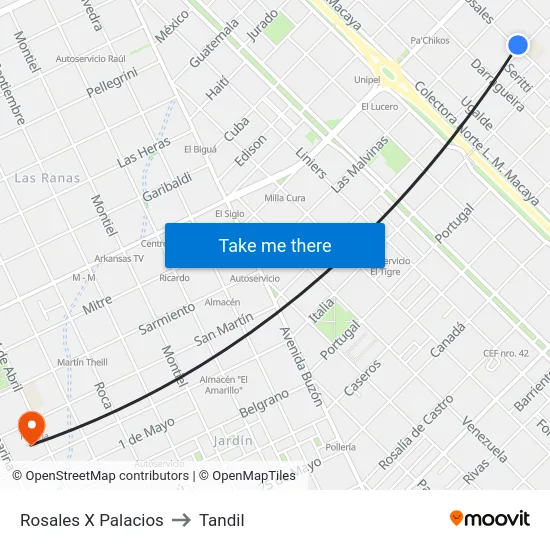 Rosales X Palacios to Tandil map