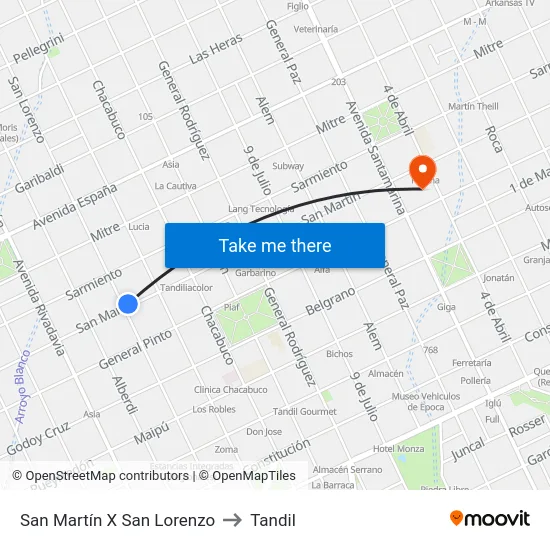 San Martín X San Lorenzo to Tandil map