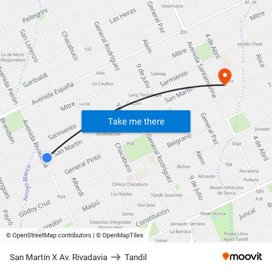 San Martín X Av. Rivadavia to Tandil map