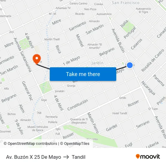 Av. Buzón X 25 De Mayo to Tandil map