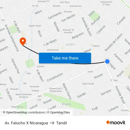 Av. Falucho X Nicaragua to Tandil map