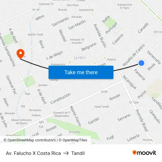 Av. Falucho X Costa Rica to Tandil map