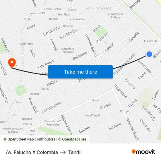 Av. Falucho X Colombia to Tandil map