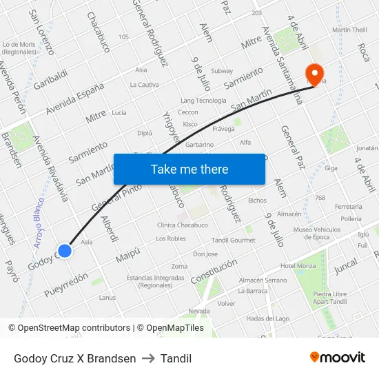 Godoy Cruz X Brandsen to Tandil map